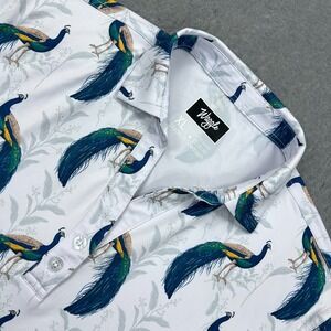 Waggle Polo Shirt Women's XL White Peacocking Bird AOP Golf Athletic Wicking Top